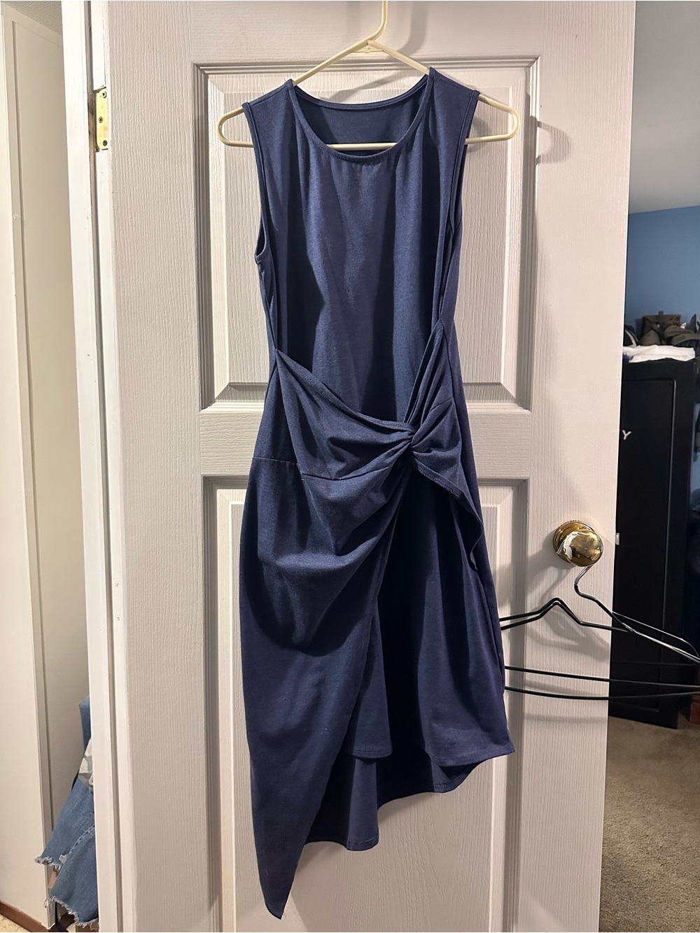 Sleeveless Navy Twist-Front Midi Dress
